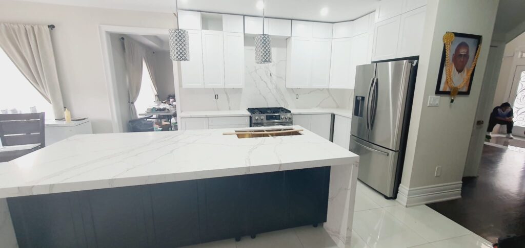 Before-and-after cabinet refacing project in Scarborough showing new doors and upgraded finishes.